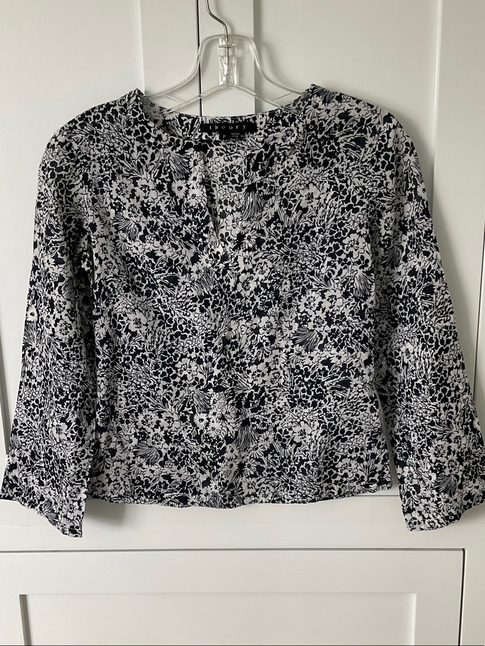 Theory Black and White Floral V Neck Top